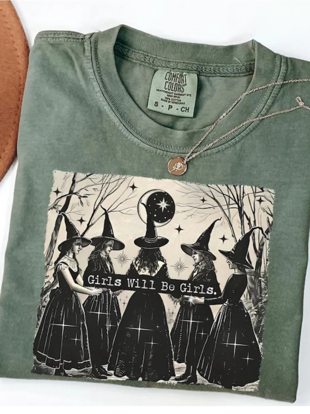 Comfort Colors Moss Green Girls Will Be Girls Witch Graphic Tee